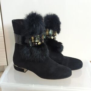 Loriblu bijoux Made In Italy Black Suede Rabbit Fur Rhinestone Ankle Boots 37